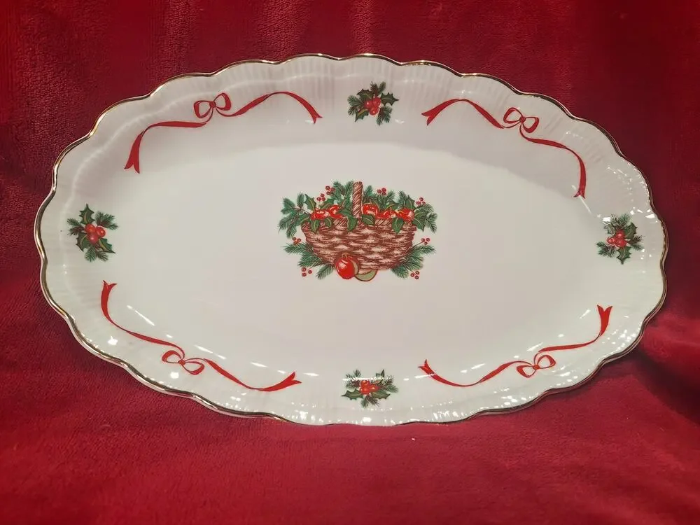 Walbrzych Holiday Ribbon Oval Serving Platter Christmas Basket Porcelain- Nice!